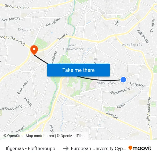 Ifigenias - Eleftheroupoleos to European University Cyprus map