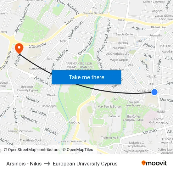 Arsinois - Nikis to European University Cyprus map
