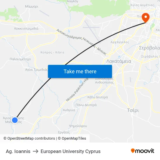 Ag. Ioannis to European University Cyprus map