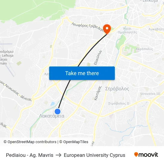 Pediaiou - Ag. Mavris to European University Cyprus map