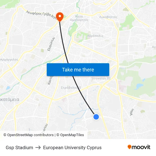 GSP Stadium to European University Cyprus map