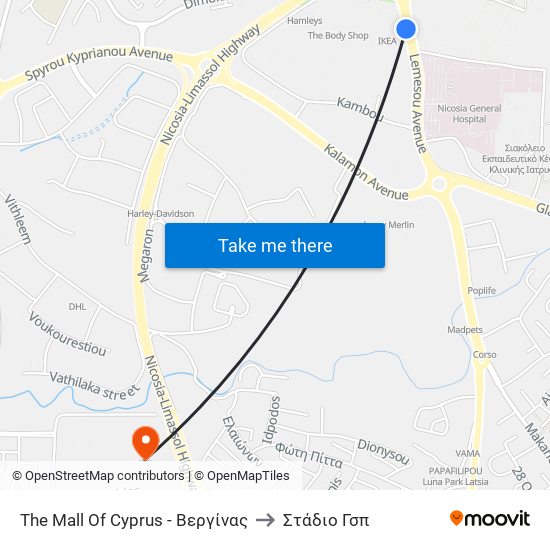 The Mall Of Cyprus - Βεργίνας to Στάδιο Γσπ map