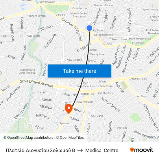 Dionysios Solomos Square B to Medical Centre map