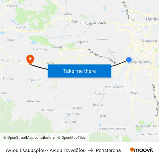 Αγίου Ελευθερίου - Αγίου Γενναδίου to Peristerona map