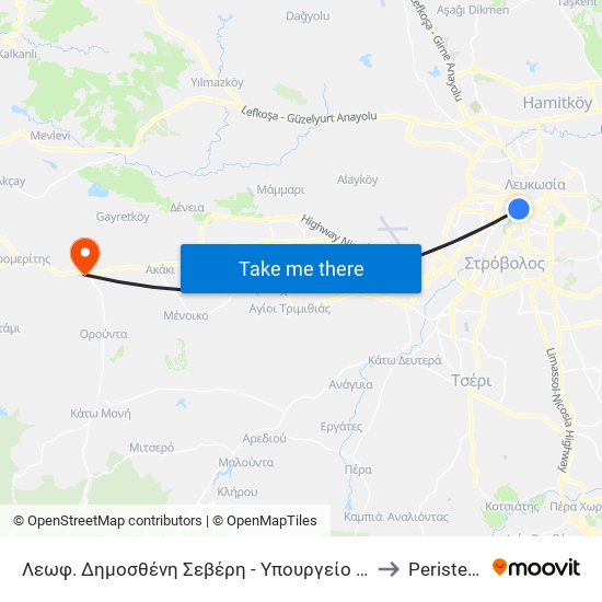 Λεωφ. Δημοσθένη Σεβέρη - Υπουργείο Εσωτερικών to Peristerona map