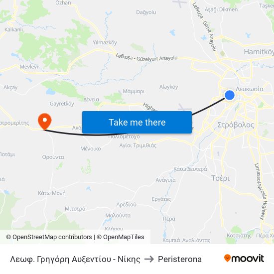 Λεωφ. Γρηγόρη Αυξεντίου - Νίκης to Peristerona map