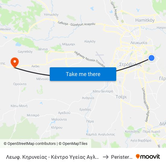 Λεωφ. Κηρυνείας - Κέντρο Υγείας Αγλαντζιάς 2 to Peristerona map