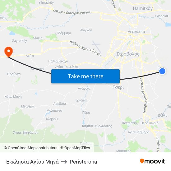 Αγίου Μηνά to Peristerona map