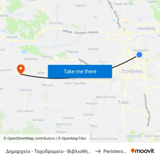 Δημαρχείο - Ταχυδρομείο - Βιβλιοθήκη to Peristerona map