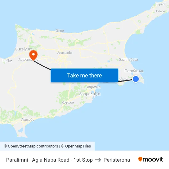 Paralimni - Agia Napa Road - 1st Stop to Peristerona map