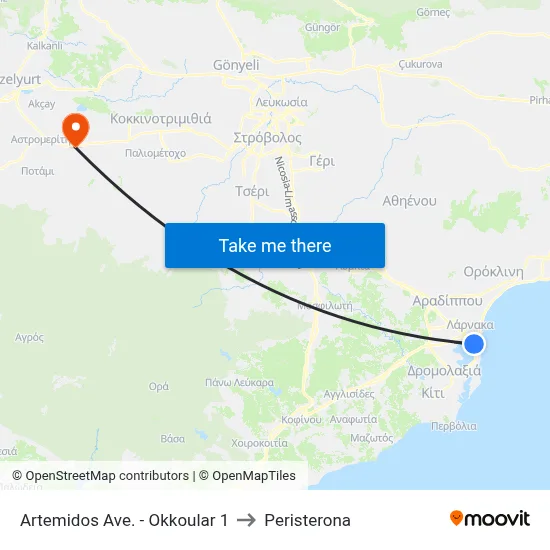 Artemidos Ave. - Okkoular 1 to Peristerona map