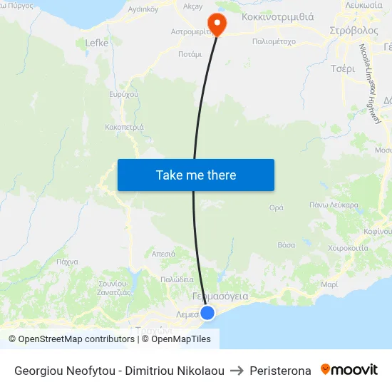 Georgiou Neofytou - Dimitriou Nikolaou to Peristerona map