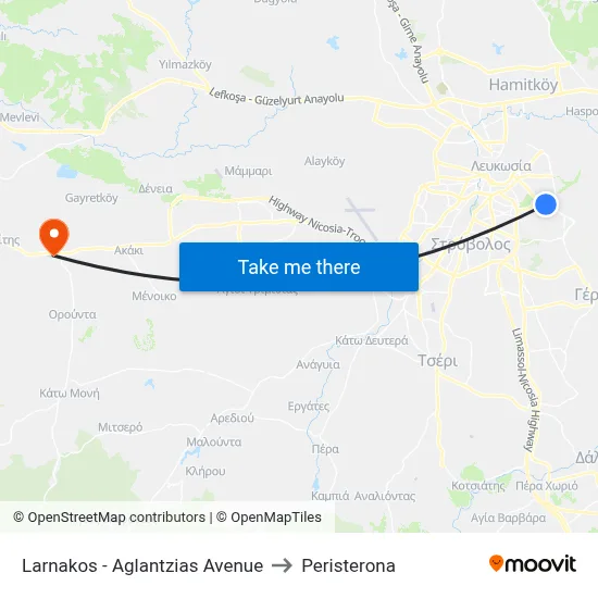 Larnakos - Aglantzias Avenue to Peristerona map