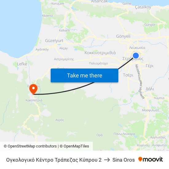 Ογκολογικό Κέντρο Τράπεζας Κύπρου 2 to Sina Oros map