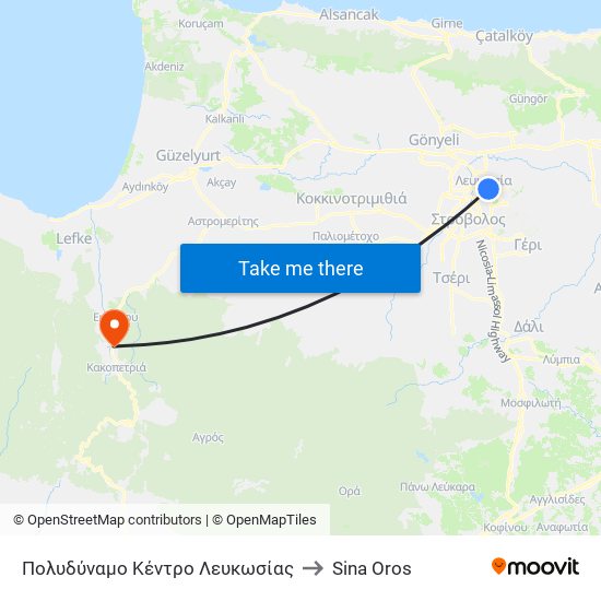 Πολυδύναμο Κέντρο Λευκωσίας to Sina Oros map