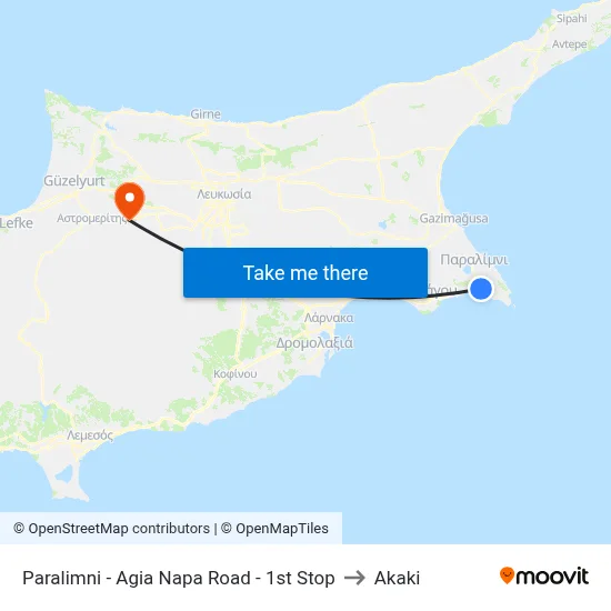 Paralimni - Agia Napa Road - 1st Stop to Akaki map