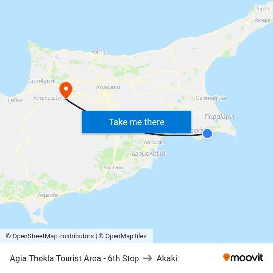 Agia Thekla Tourist Area - 6th Stop to Akaki map