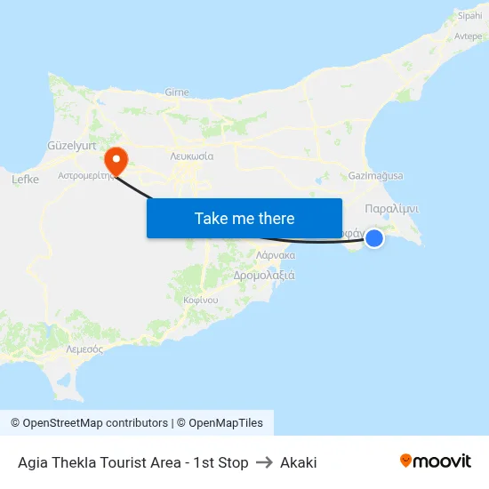 Agia Thekla Tourist Area - 1st Stop to Akaki map