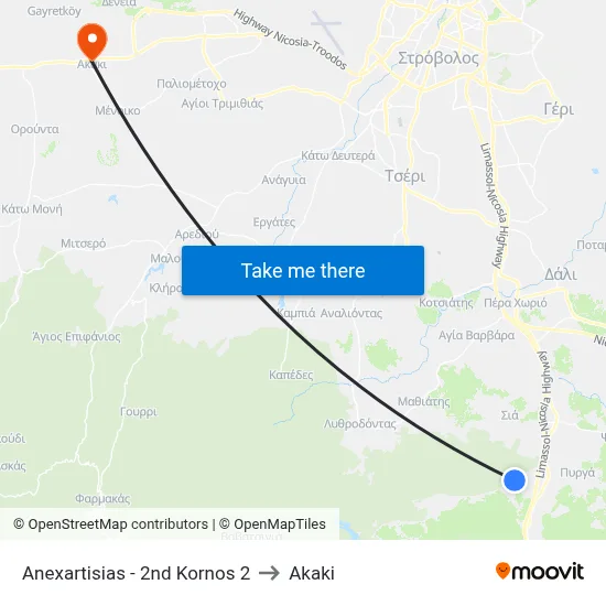 Anexartisias - 2nd Kornos 2 to Akaki map