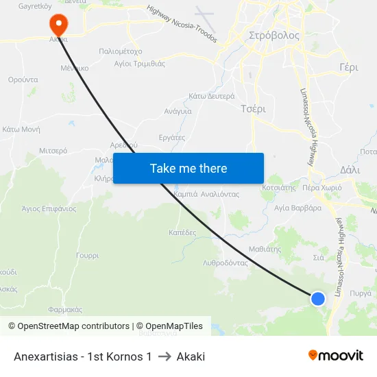 Anexartisias - 1st Kornos 1 to Akaki map