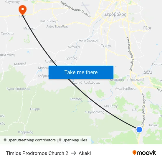 Timios Prodromos Church 2 to Akaki map