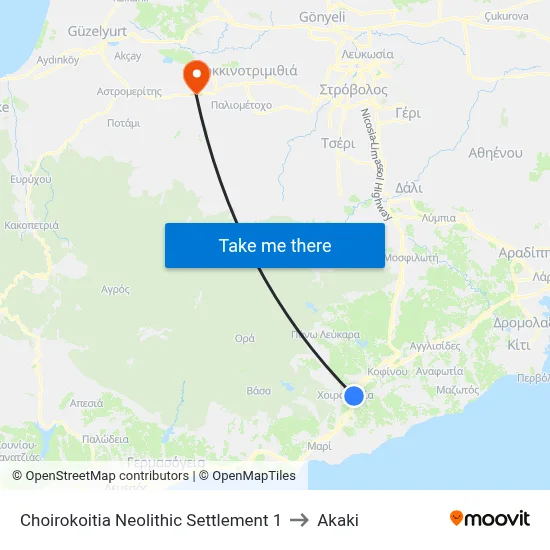 Choirokoitia Neolithic Settlement 1 to Akaki map