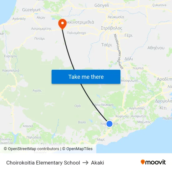 Choirokoitia Elementary School to Akaki map