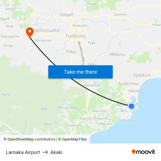 Larnaka Airport to Akaki map