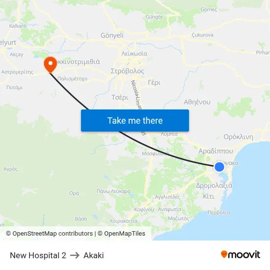 New Hospital 2 to Akaki map