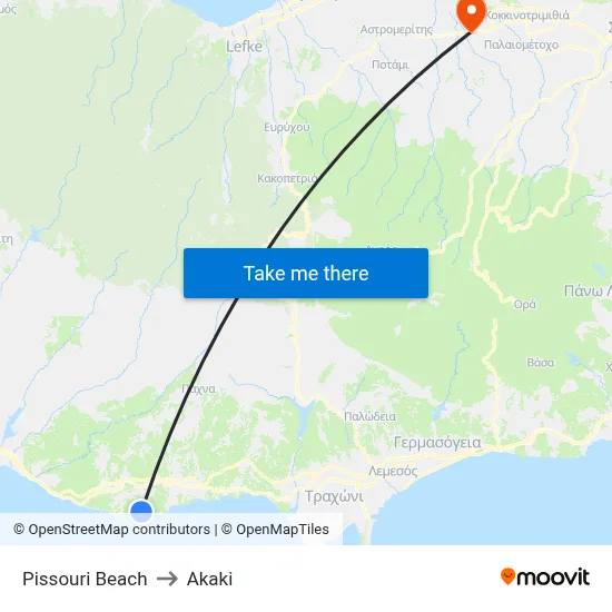 Pissouri Beach to Akaki map