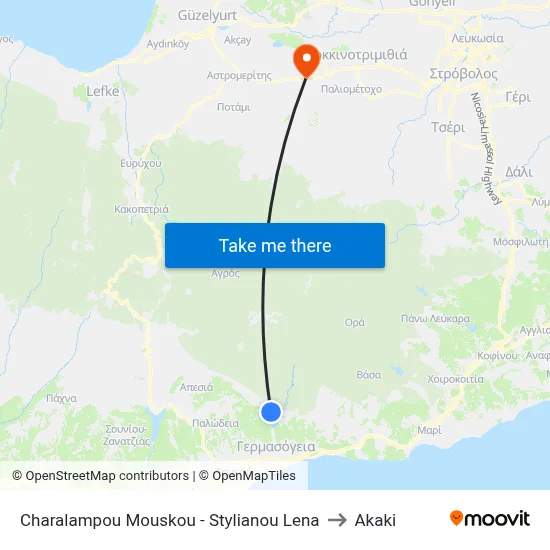 Charalampou Mouskou - Stylianou Lena to Akaki map