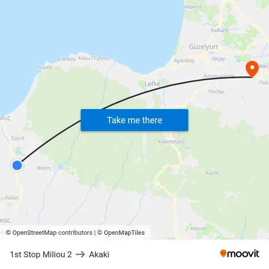 1st Stop Miliou 2 to Akaki map