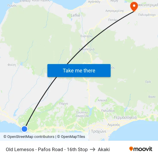 Old Lemesos - Pafos Road - 16th Stop to Akaki map