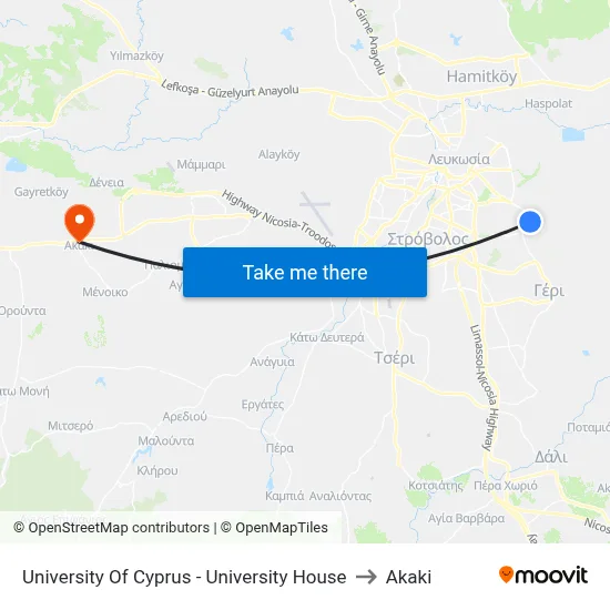 University Of Cyprus - University House to Akaki map