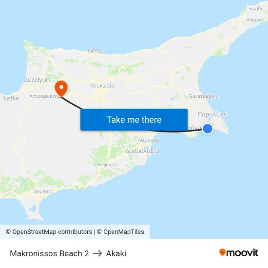 Makronissos Beach 2 to Akaki map