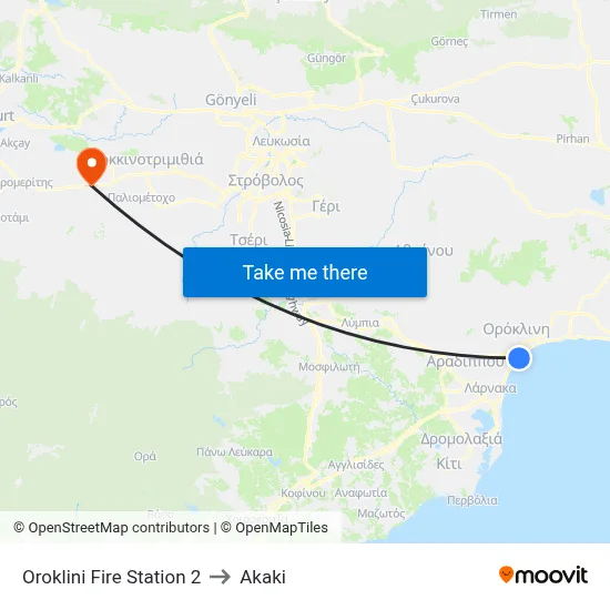 Oroklini Fire Station 2 to Akaki map