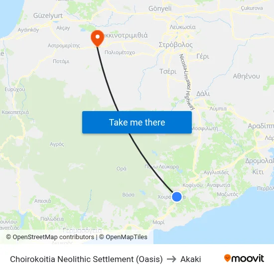 Choirokoitia Neolithic Settlement (Oasis) to Akaki map