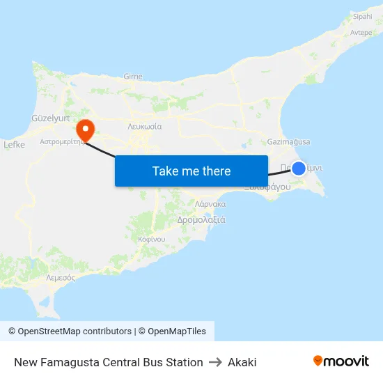 New Famagusta Central Bus Station to Akaki map