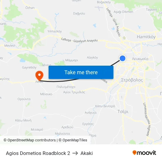 Agios Dometios Roadblock 2 to Akaki map