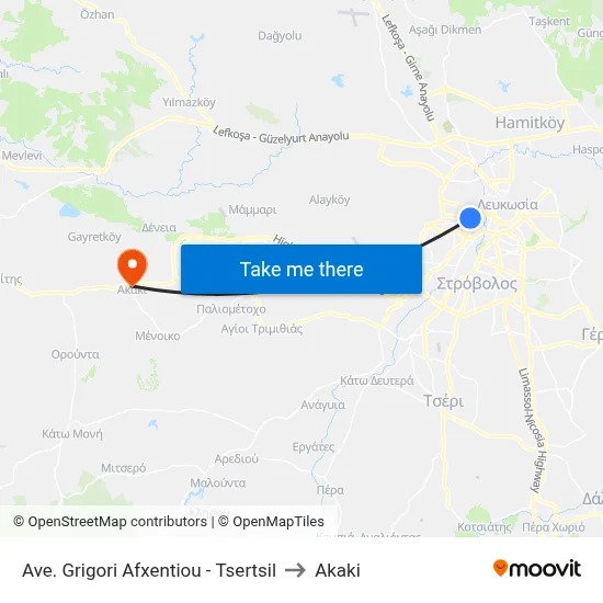 Ave. Grigori Afxentiou - Tsertsil to Akaki map