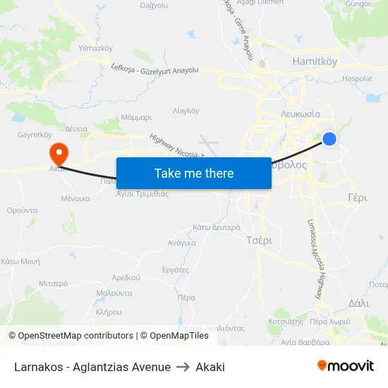 Larnakos - Aglantzias Avenue to Akaki map