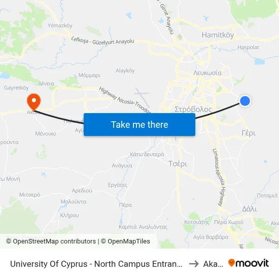 University Of Cyprus - North Campus Entrance to Akaki map