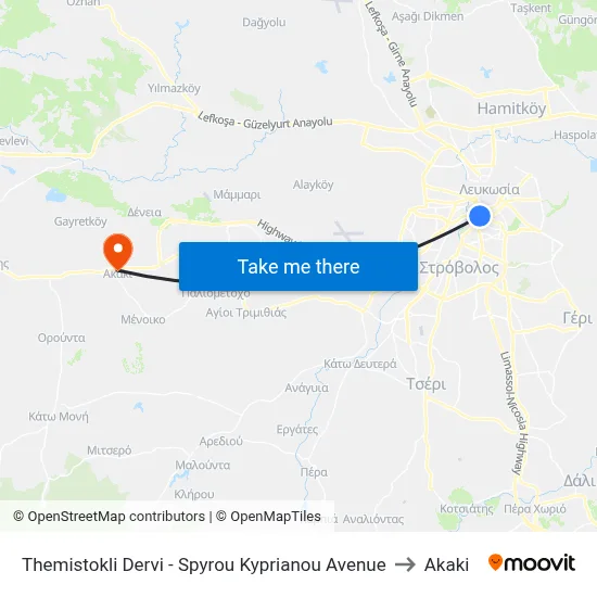 Themistokli Dervi - Spyros Kyprianou Avenue to Akaki map