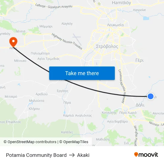 Potamia Community Board to Akaki map