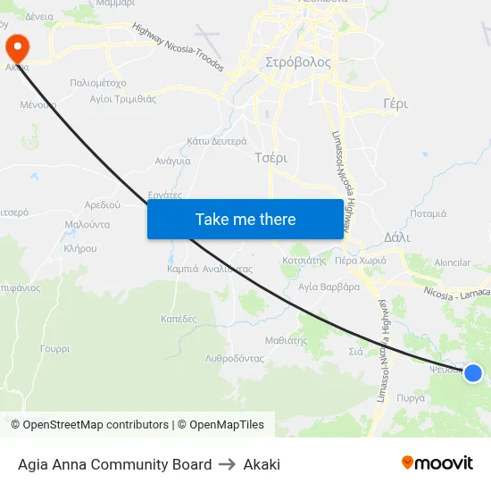 Agia Anna Community Board to Akaki map