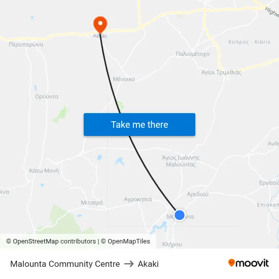 Malounta Community Centre to Akaki map