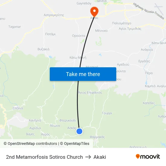 2nd Metamorfosis Sotiros Church to Akaki map