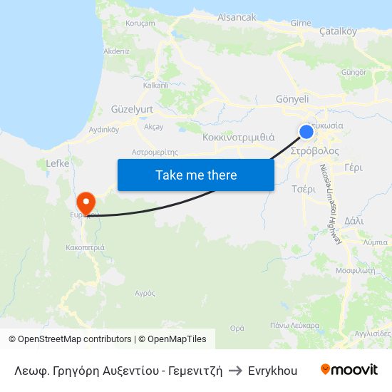 Λεωφ. Γρηγόρη Αυξεντίου to Evrykhou map