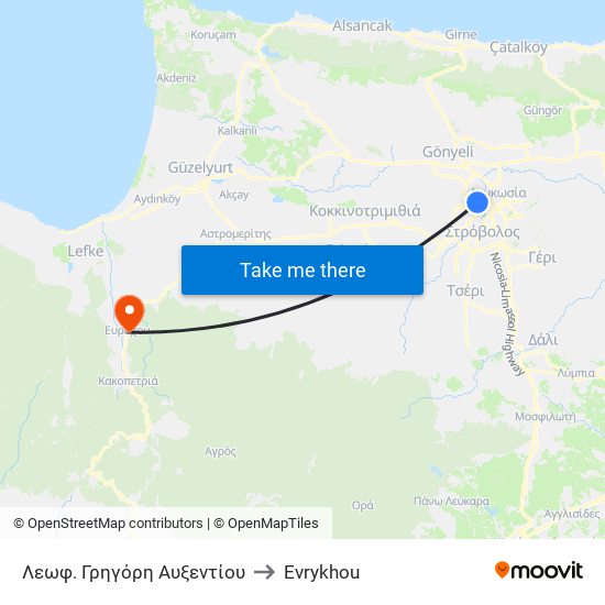 Λεωφ. Γρηγόρη Αυξεντίου to Evrykhou map