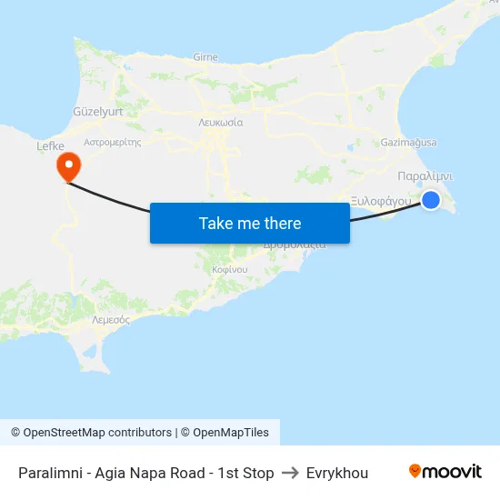 Paralimni - Agia Napa Road - 1st Stop to Evrykhou map